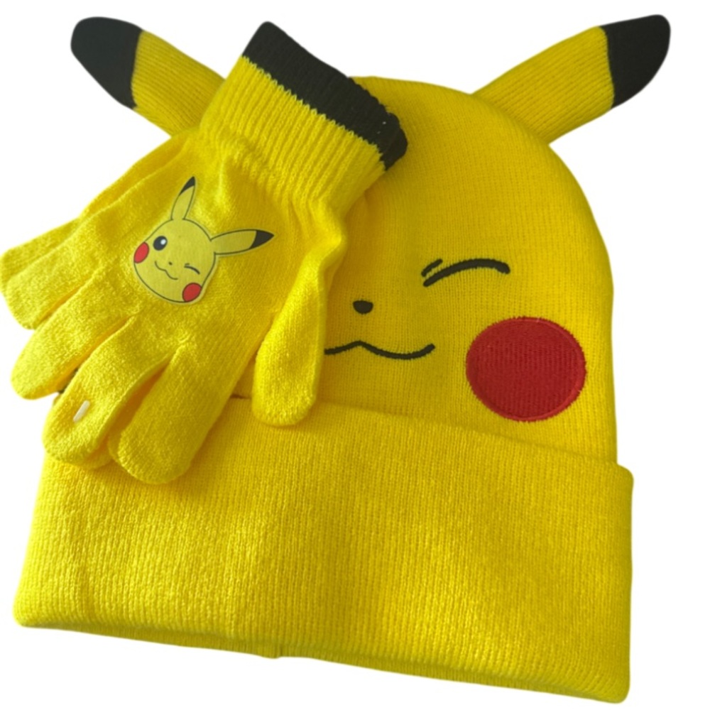 NWT Yellow Pokémon Pikachu Kids Beanie and Gloves Set